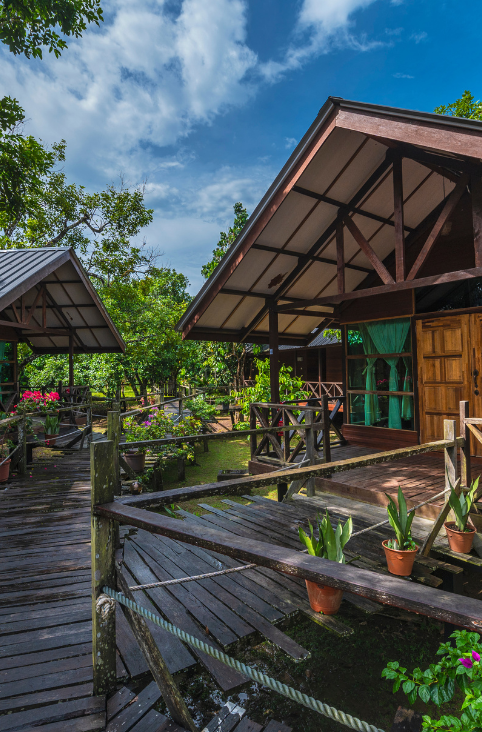 wooden pathway to the luxury chalet of borneo sepilok rainforest resort